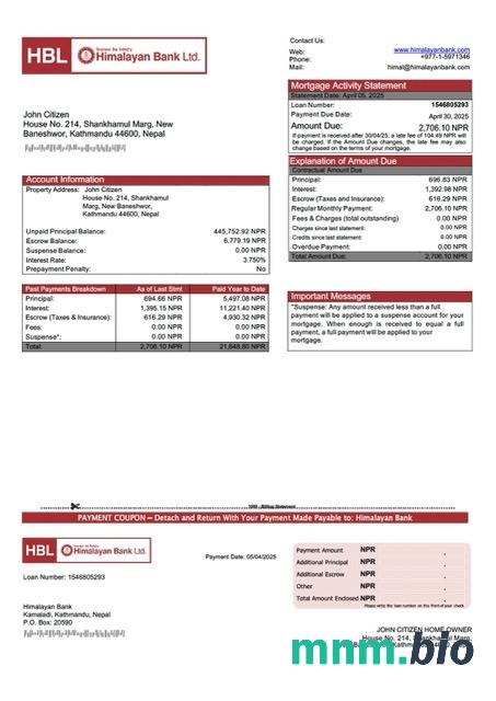 Nepal Himalayan Bank wyciąg z kredytu hipotecznego szablon Word i PDF